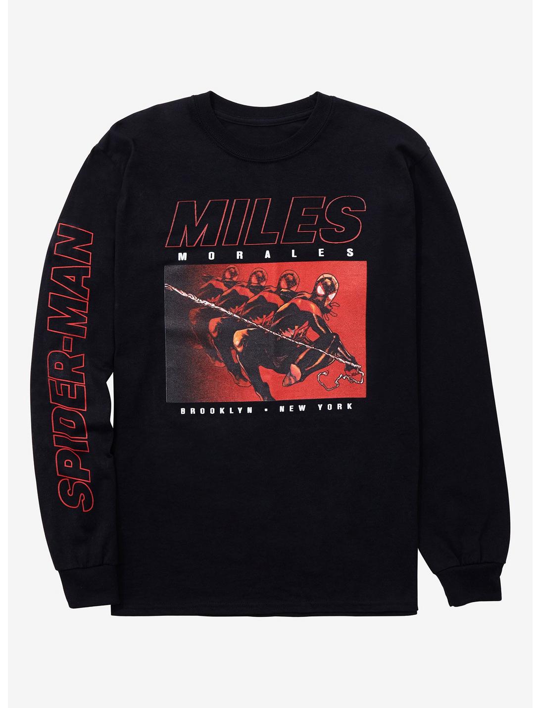 Marvel Spider-Man Miles Morales Swinging Long Sleeve T-Shirt - BoxLunch Exclusive, BLACK, hi-res