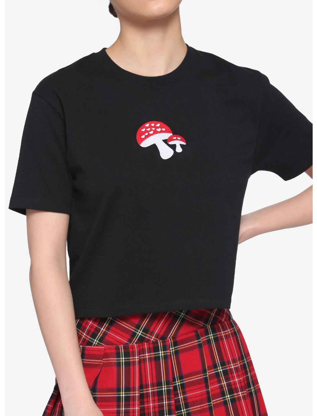 Embroidered Mushroom Girls Boxy Crop T-Shirt, BLACK, hi-res