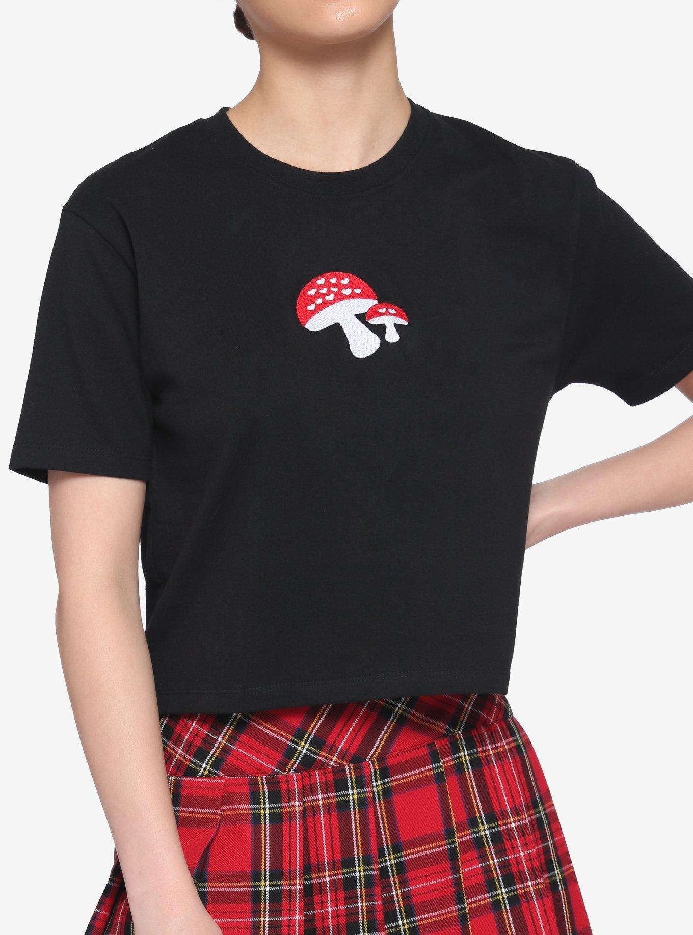 Embroidered Mushroom Girls Boxy Crop T-Shirt, BLACK, hi-res