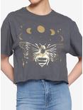 Bee Moon Phase Gold Foil Girls Boxy Crop T-Shirt, GREY, hi-res