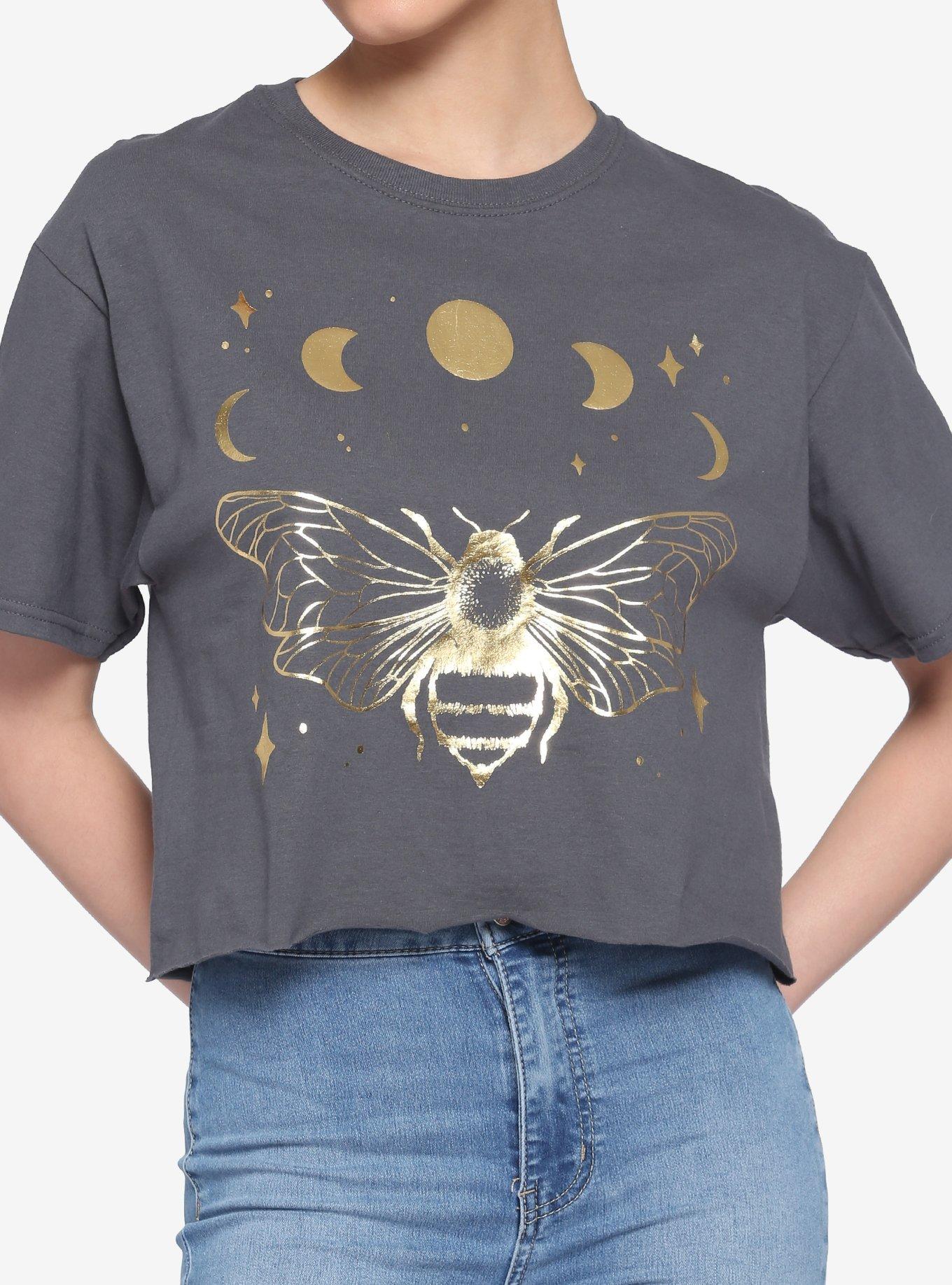 Bee Moon Phase Gold Foil Girls Boxy Crop T-Shirt, GREY, hi-res