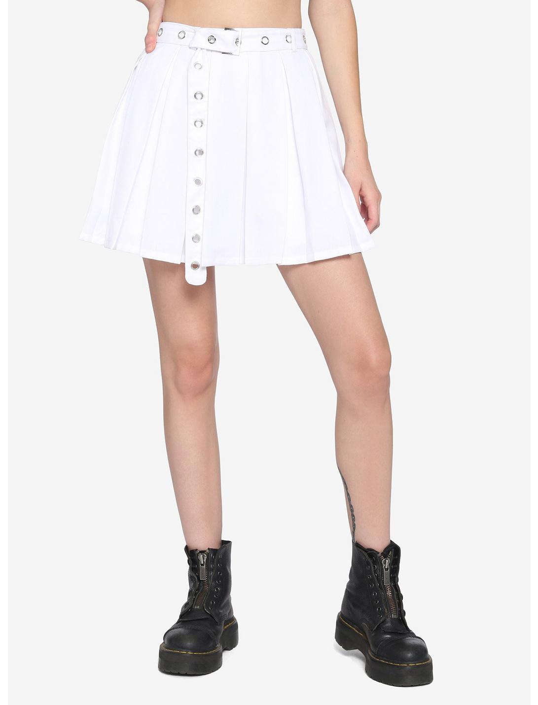 White Grommet Belt Pleated Skirt, BRIGHT WHITE, hi-res