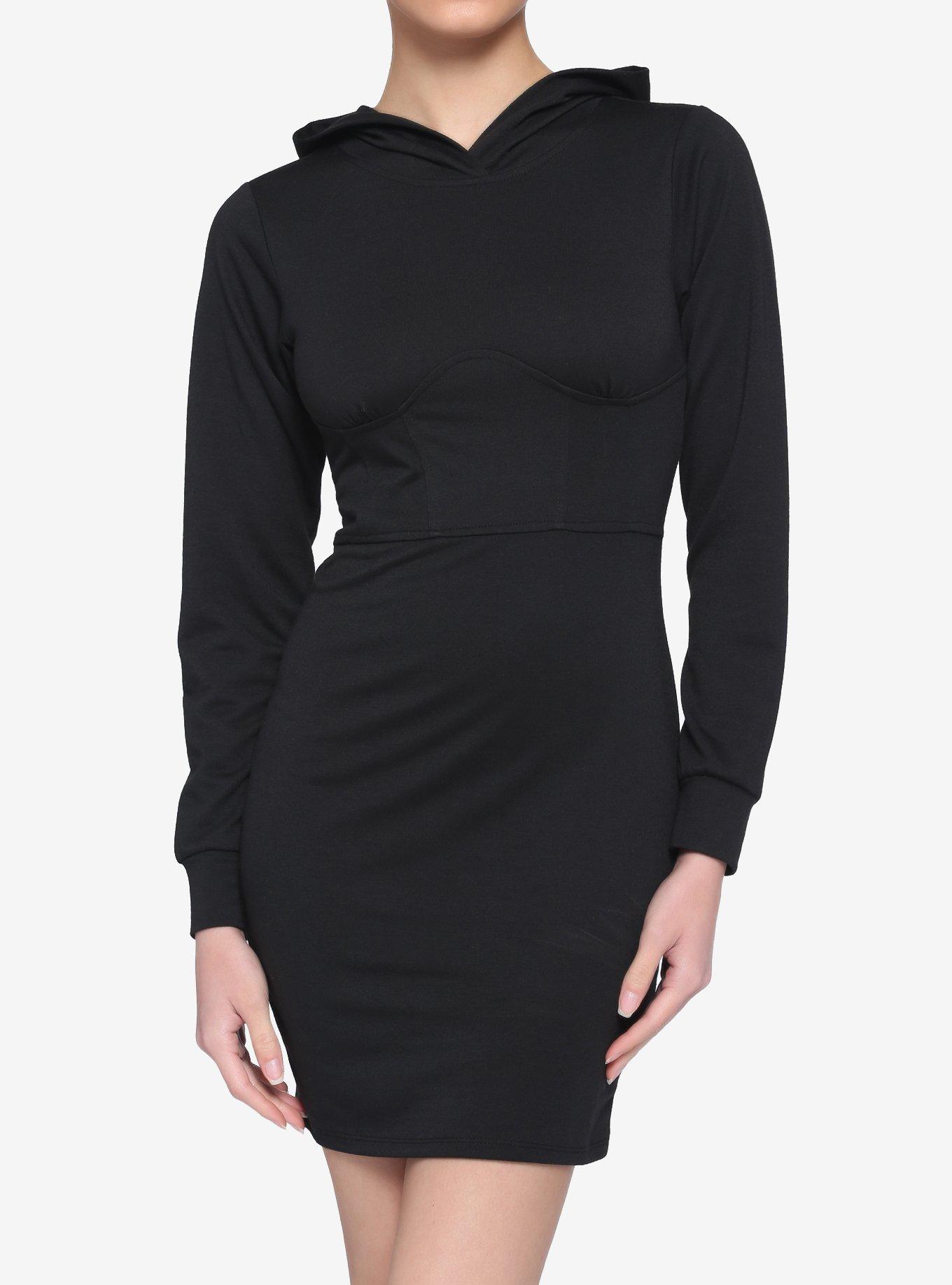 Black Corset Hoodie Long-Sleeve Dress, BLACK, hi-res