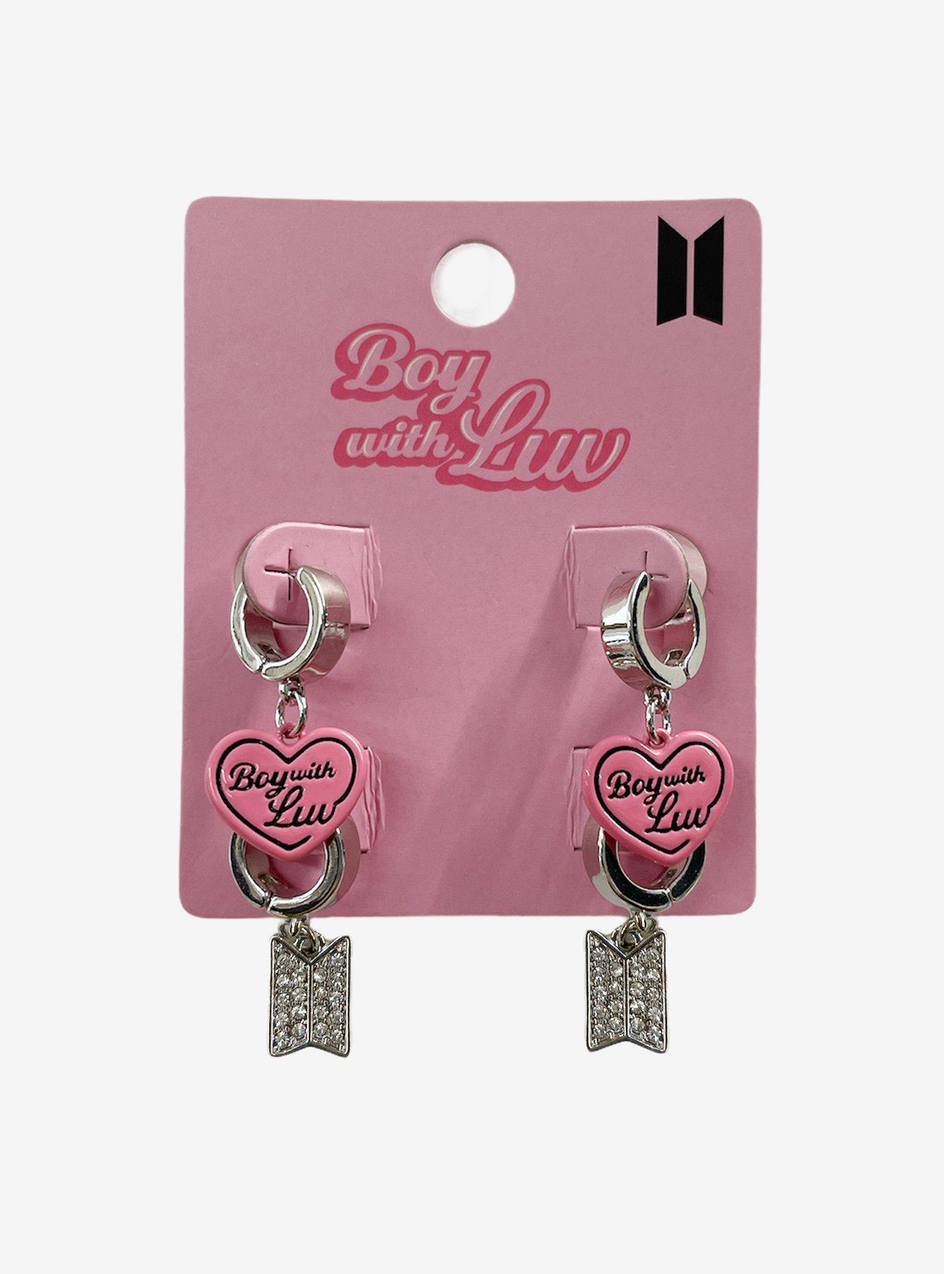 BTS Boy With Luv Bling Logo Heart Huggies Earrings Set, , hi-res