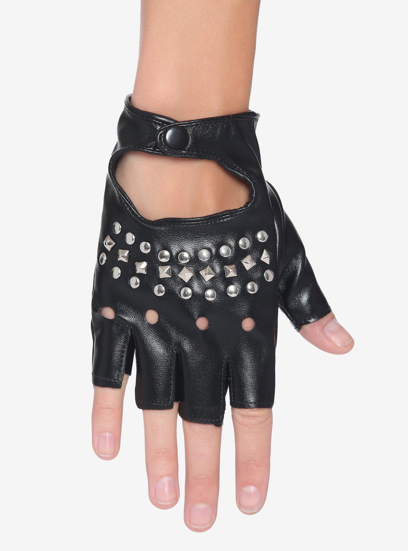 Studded Black Fingerless Gloves, , hi-res