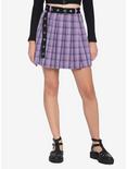 Purple Plaid Pleated Grommet Belt Skirt, PLAID - PURPLE, hi-res