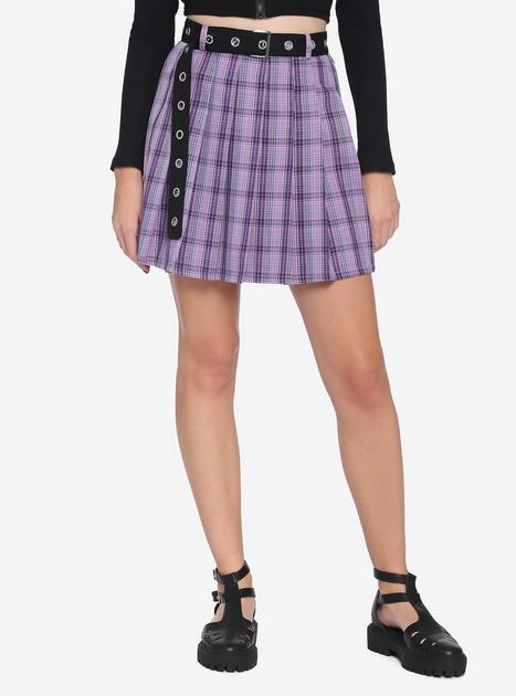 Purple Plaid Pleated Grommet Belt Skirt | Hot Topic