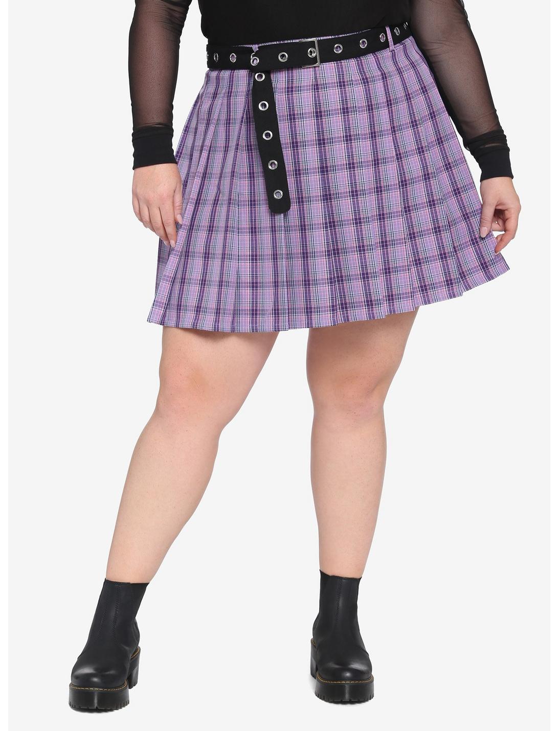 Purple Plaid Pleated Grommet Belt Skirt Plus Size | Hot Topic