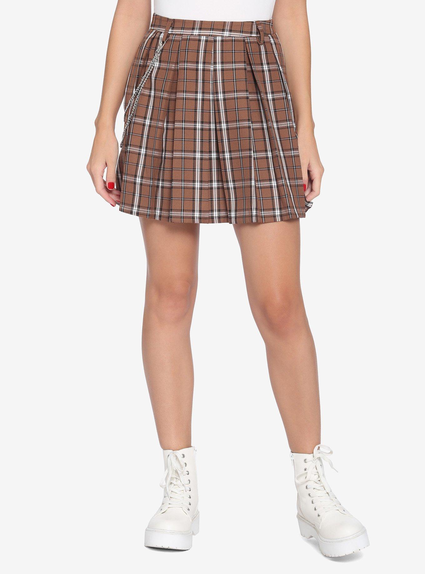 Brown Plaid Pleated Skirt, PLAID - BROWN, hi-res