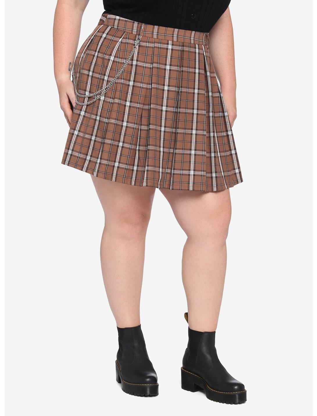 Brown Plaid Pleated Skirt Plus Size, PLAID - BROWN, hi-res