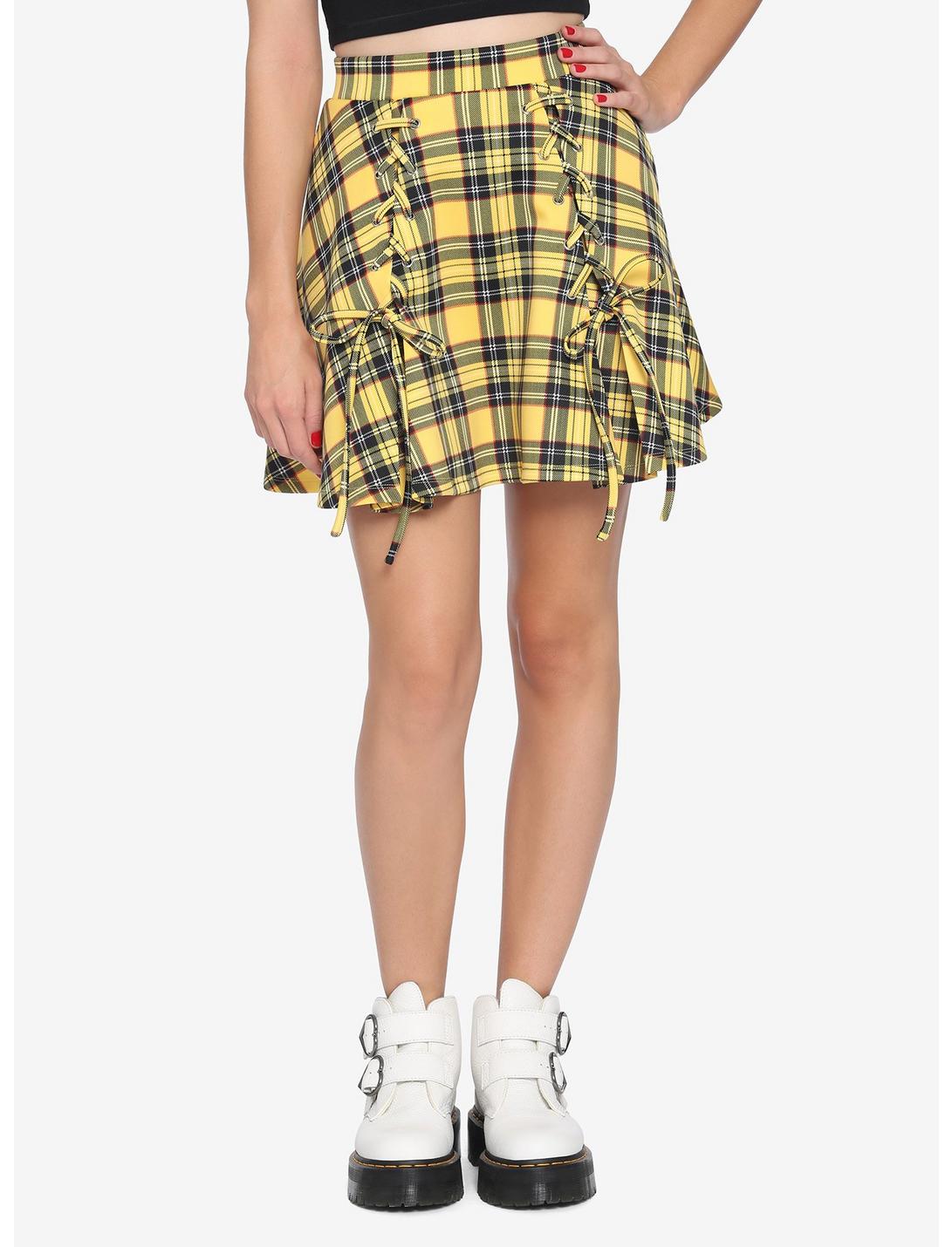 Yellow Plaid Lace-Up Skirt, PLAID - YELLOW, hi-res