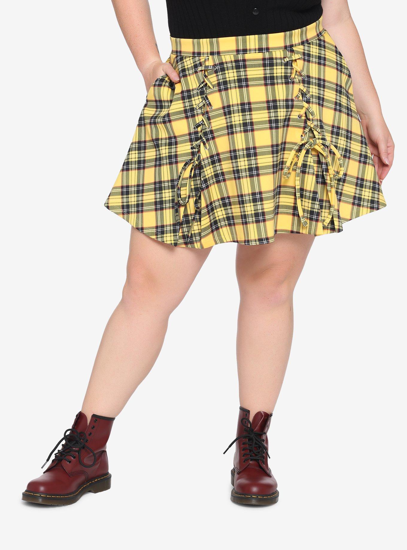 Yellow Plaid Lace-Up Skirt Plus Size, PLAID - YELLOW, hi-res