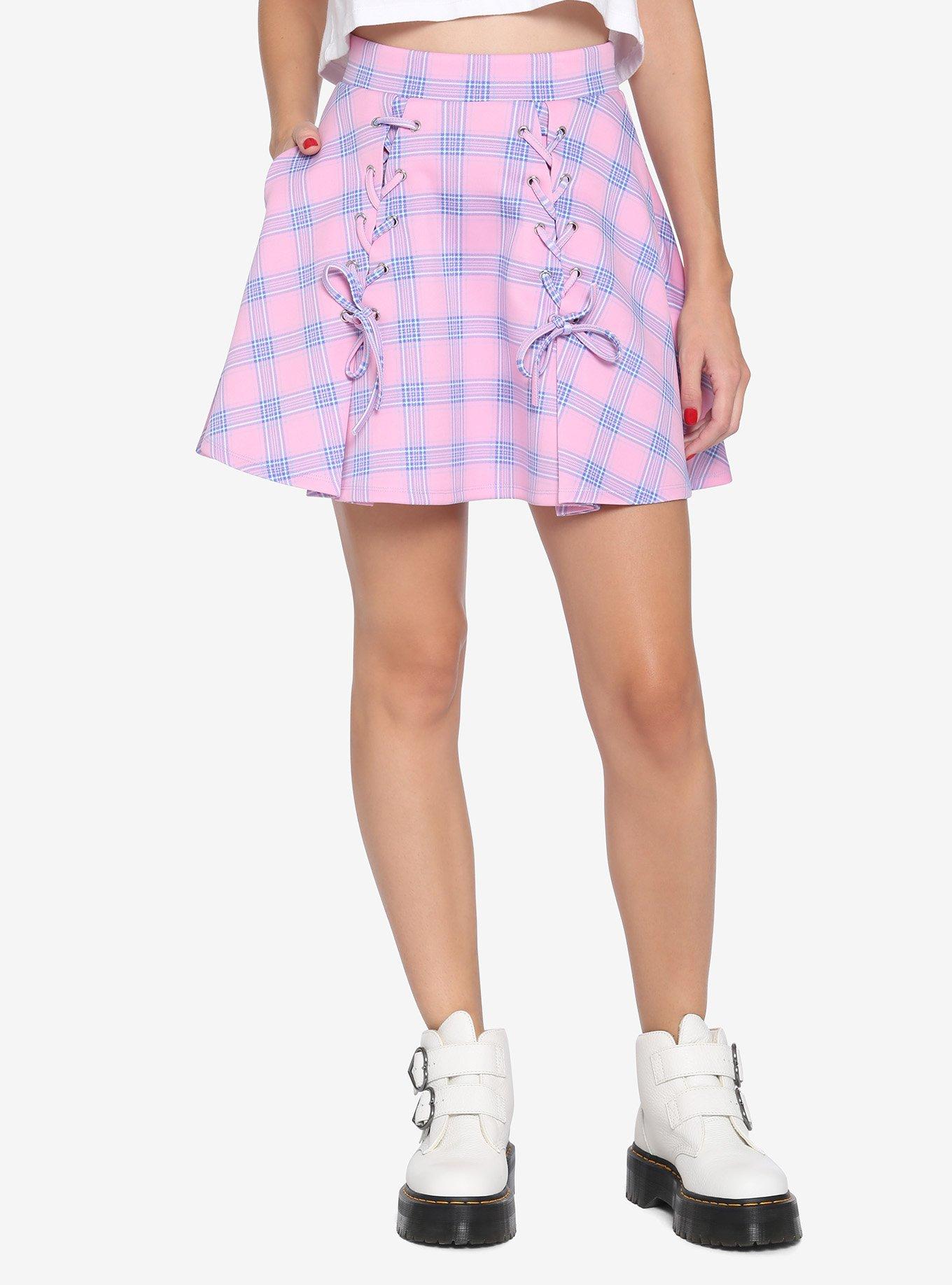 Pink & Blue Plaid Lace-Up Skirt | Hot Topic