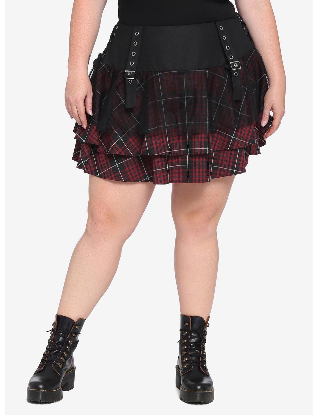 Maroon Plaid Yoke Skirt Plus Size, PLAID, hi-res