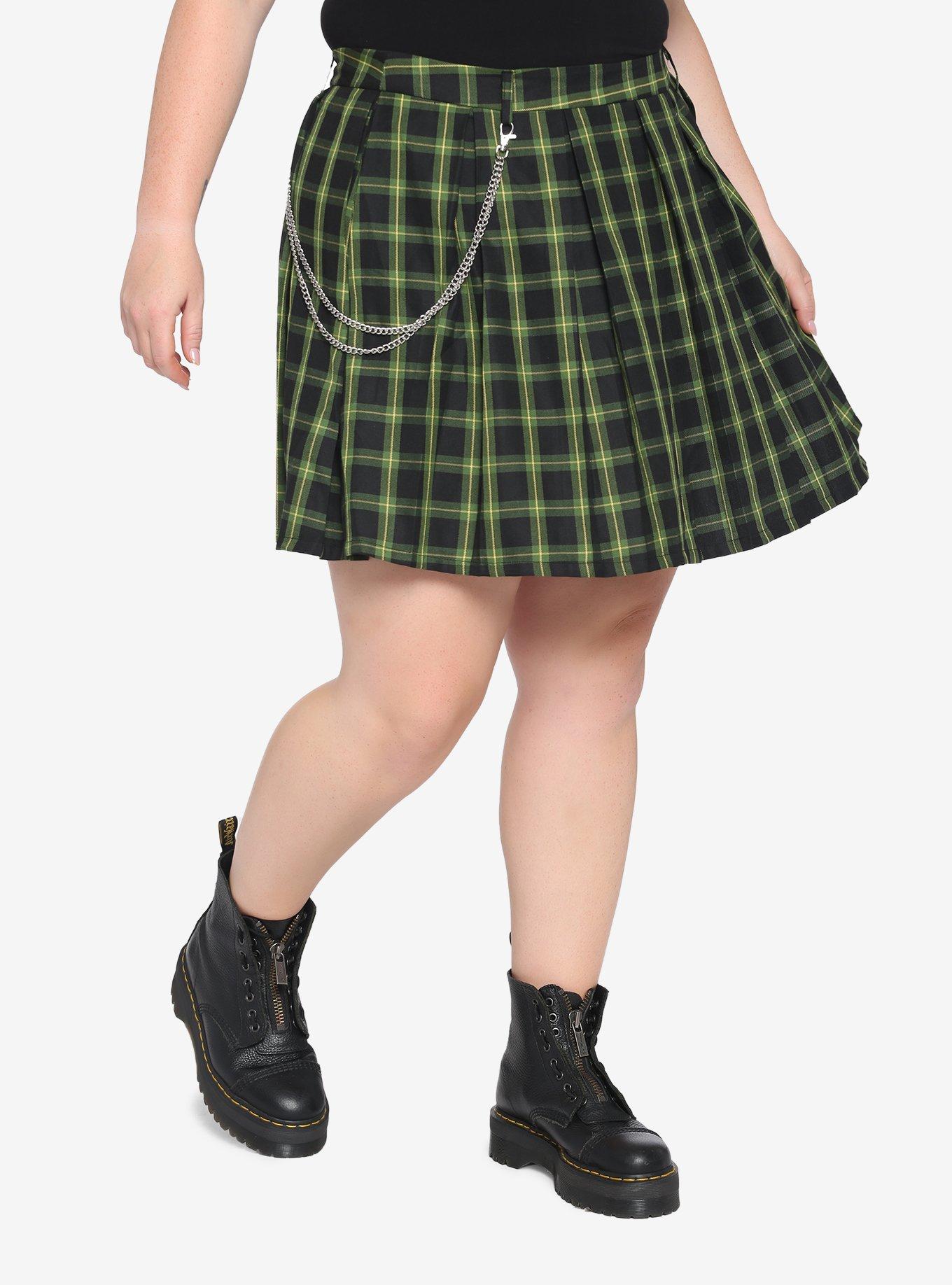 Green & Yellow Plaid Pleated Chain Skirt Plus Size, PLAID - GREEN, hi-res