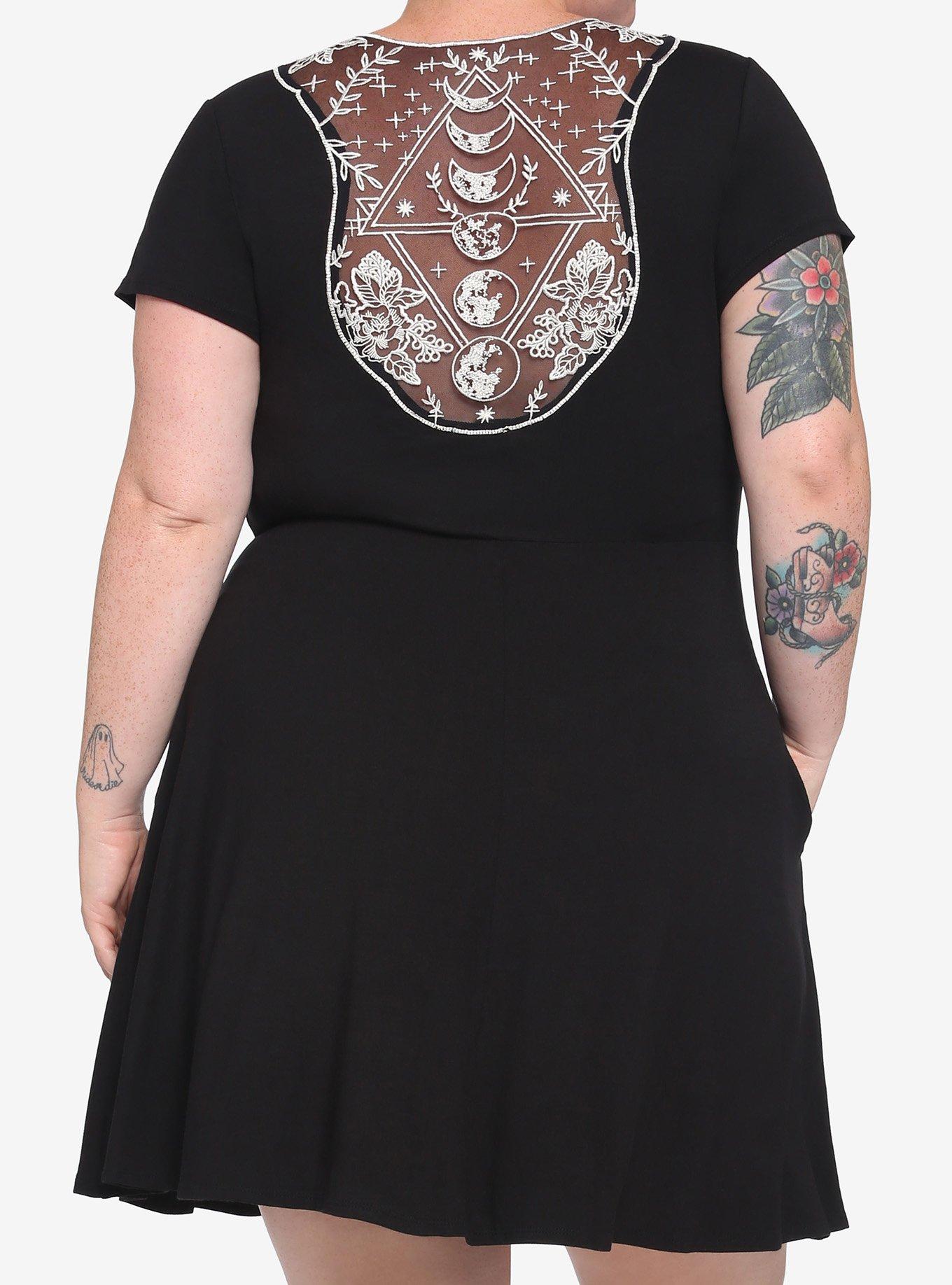 Black Moon Phase Lace Back Dress Plus Size, BLACK, hi-res