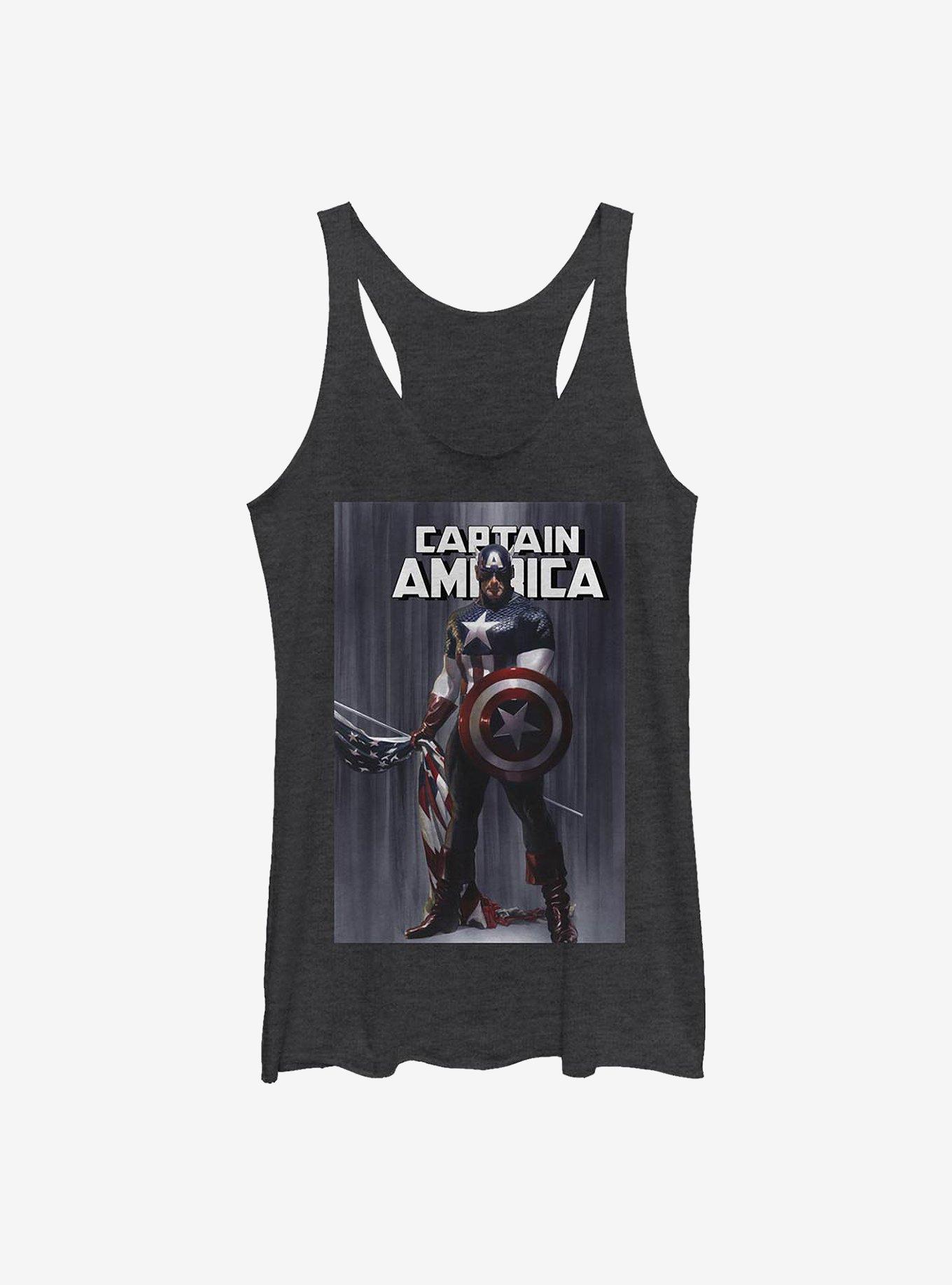 Marvel Captain America Captain America Standing Flag Aug8 Girls Tank, BLK HTR, hi-res