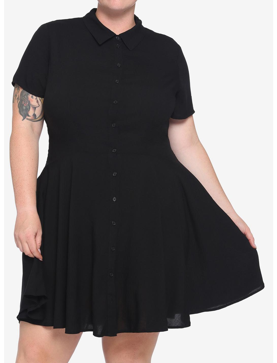 Black Collared Button-Up Dress Plus Size, BLACK, hi-res