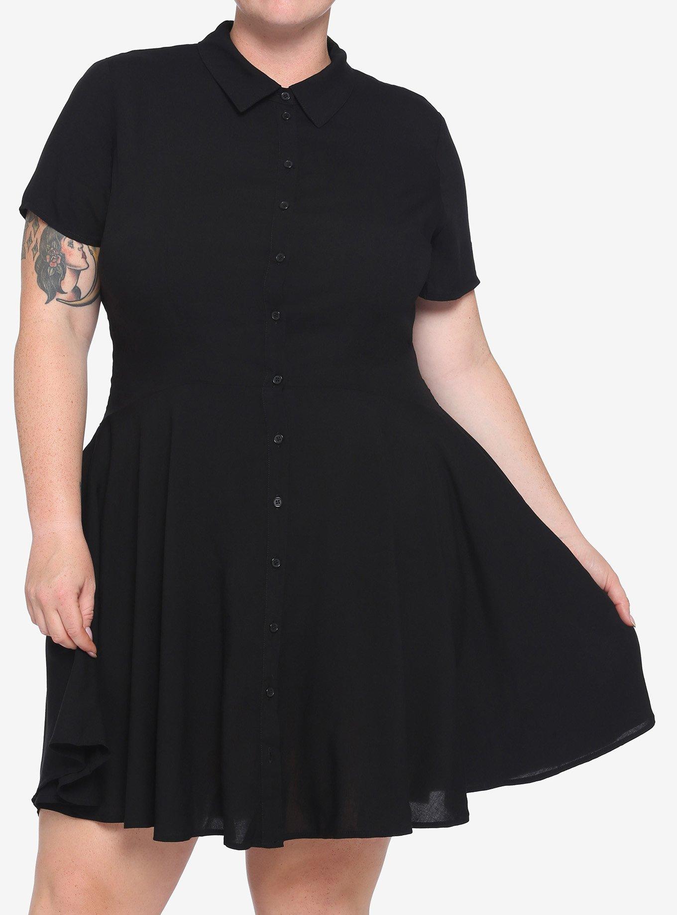 Black Collared Button-Up Dress Plus Size, BLACK, hi-res