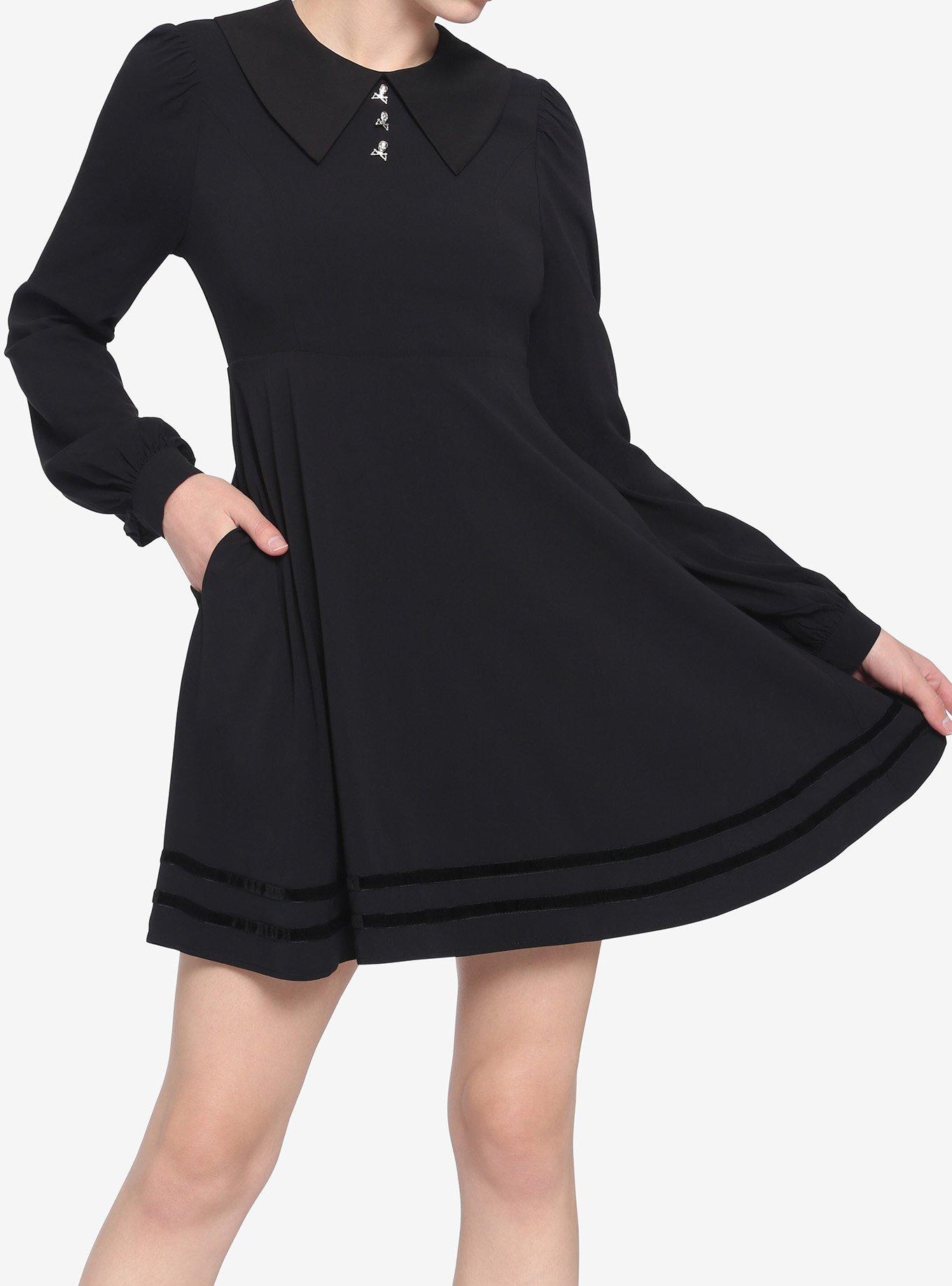 Black Statement Collar Skull Button Dress, BLACK, hi-res