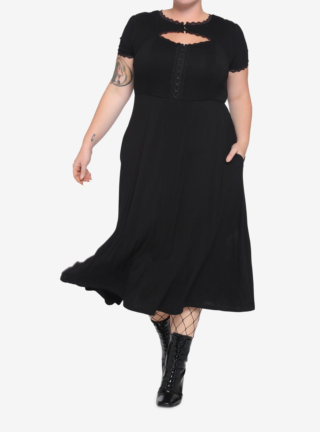 Black Henley Midi Dress Plus Size, BLACK, hi-res