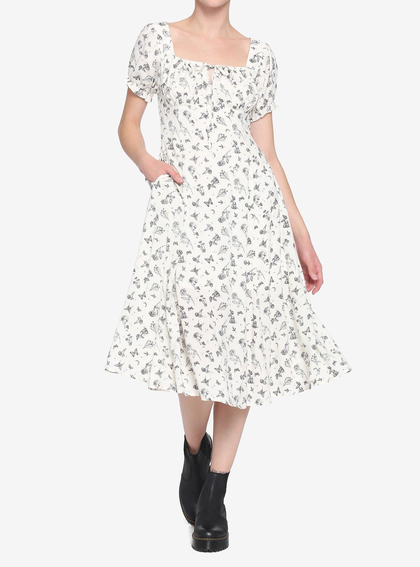 Ivory Floral Mushroom Empire Midi Dress, CREAM, hi-res
