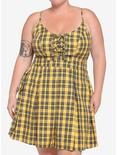 Yellow Plaid Lace-Up Pleated Dress Plus Size, PLAID - YELLOW, hi-res