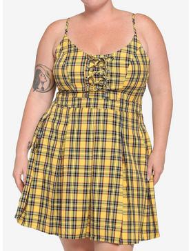 Yellow Plaid Lace-Up Pleated Dress Plus Size, , hi-res
