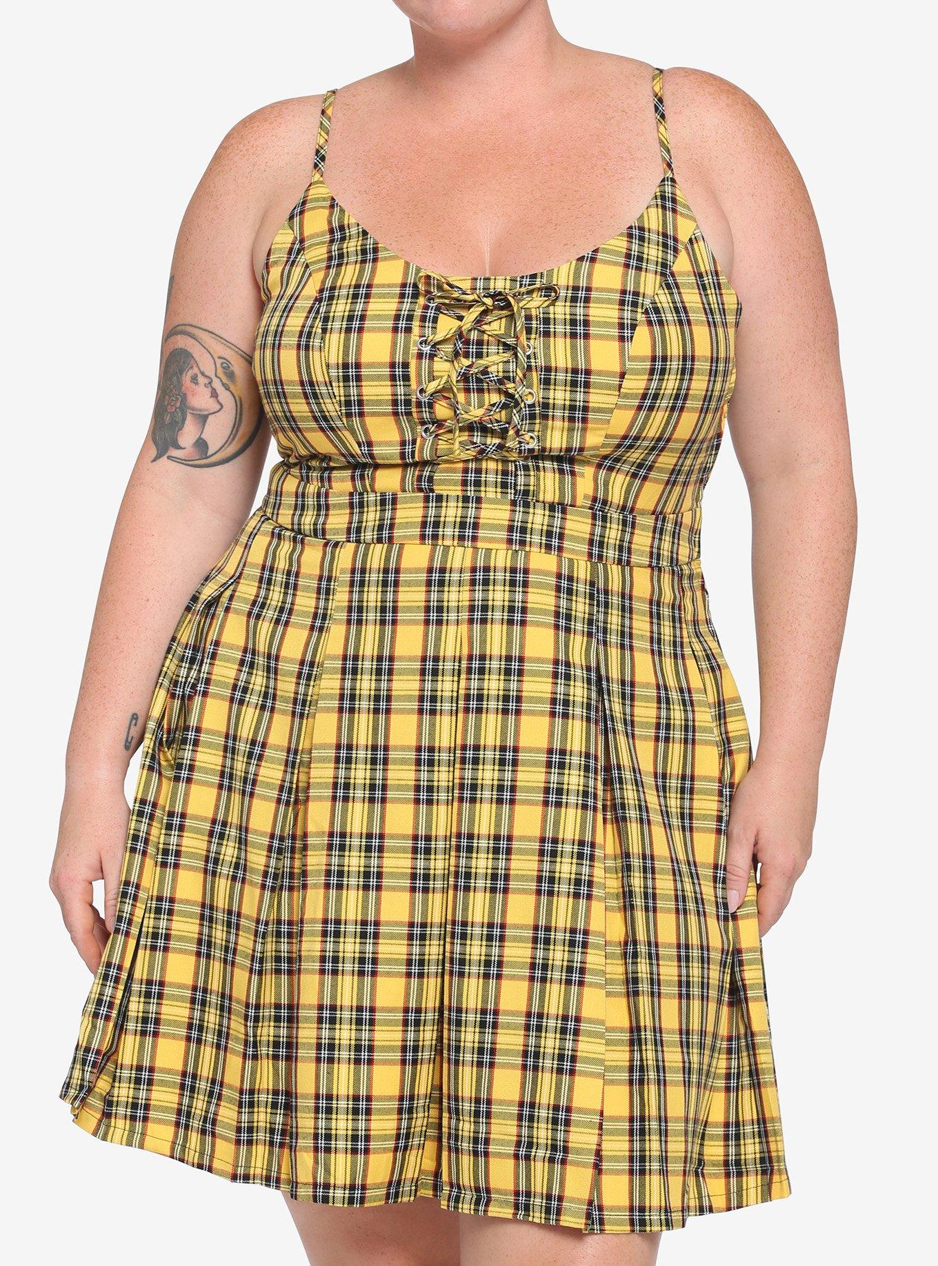 Yellow Plaid Lace-Up Pleated Dress Plus Size, PLAID - YELLOW, hi-res