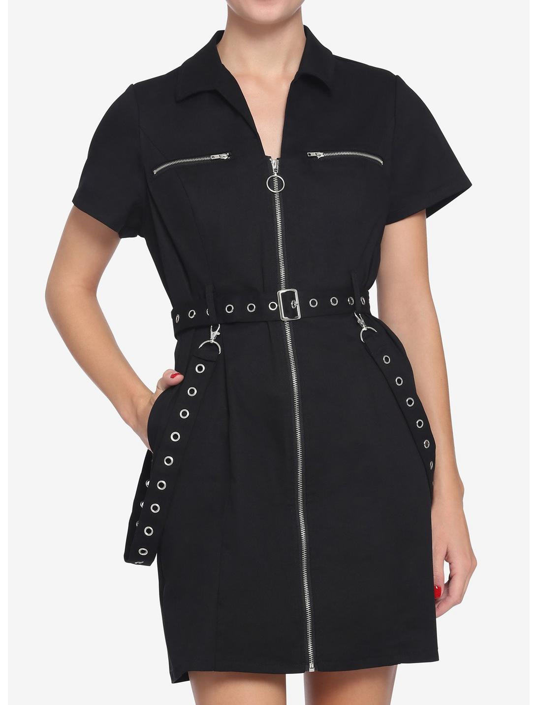 Black Front Zipper Hardware Grommet Dress, BLACK, hi-res