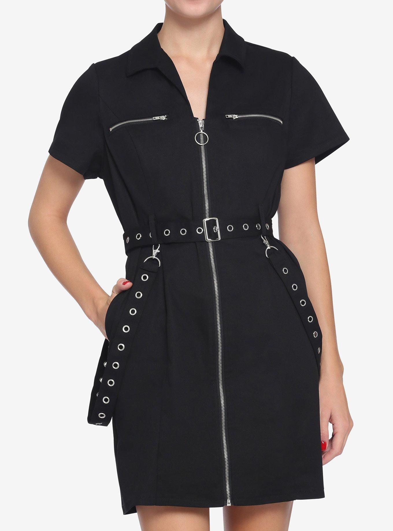 Black Front Zipper Hardware Grommet Dress, BLACK, hi-res