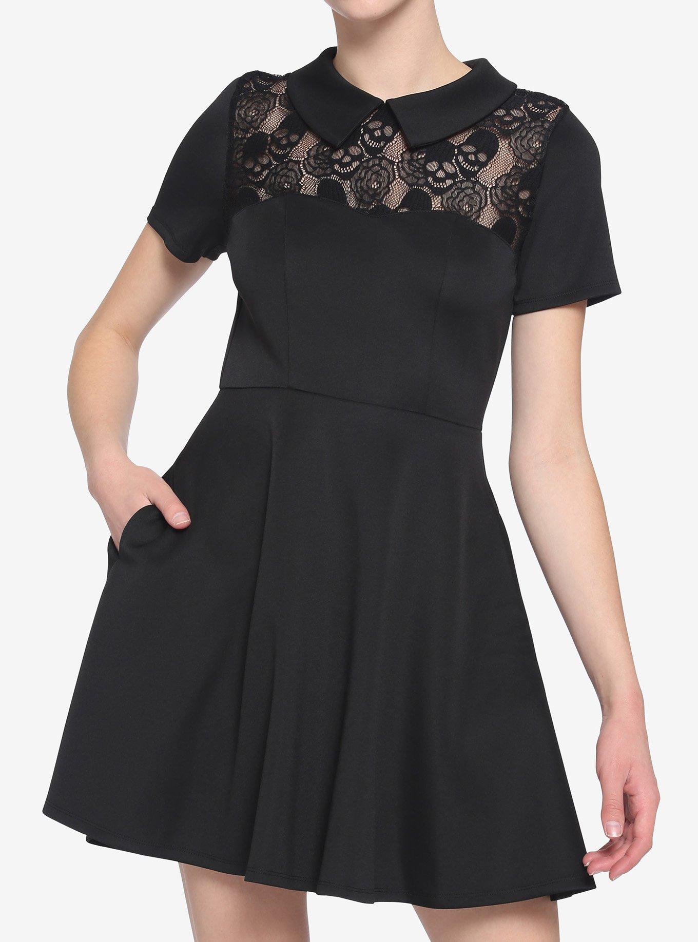 Black Collar Lace Illusion Skull Panel Dress, , hi-res