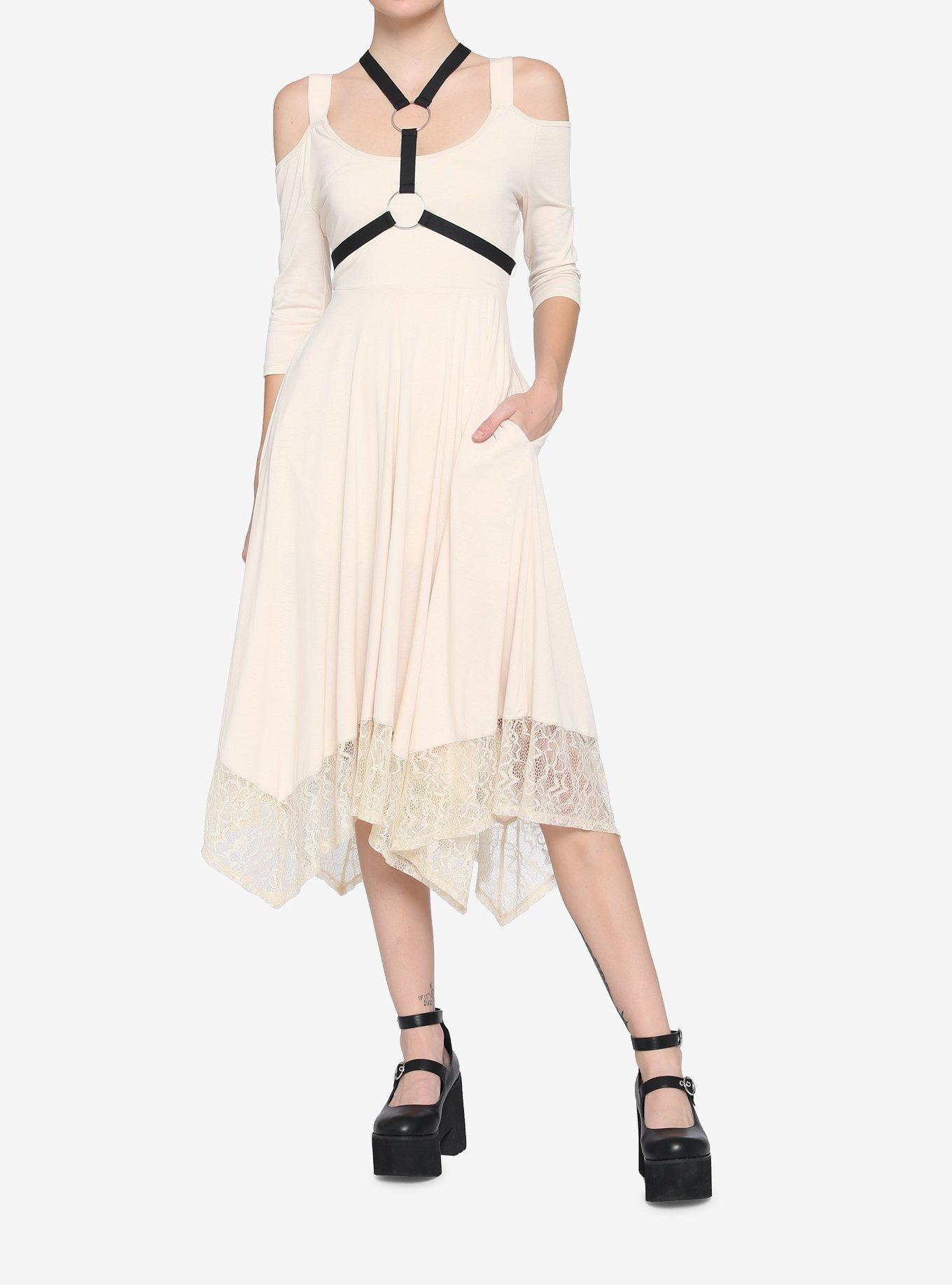 Ivory O-Ring Harness Cold Shoulder Dress | Hot Topic