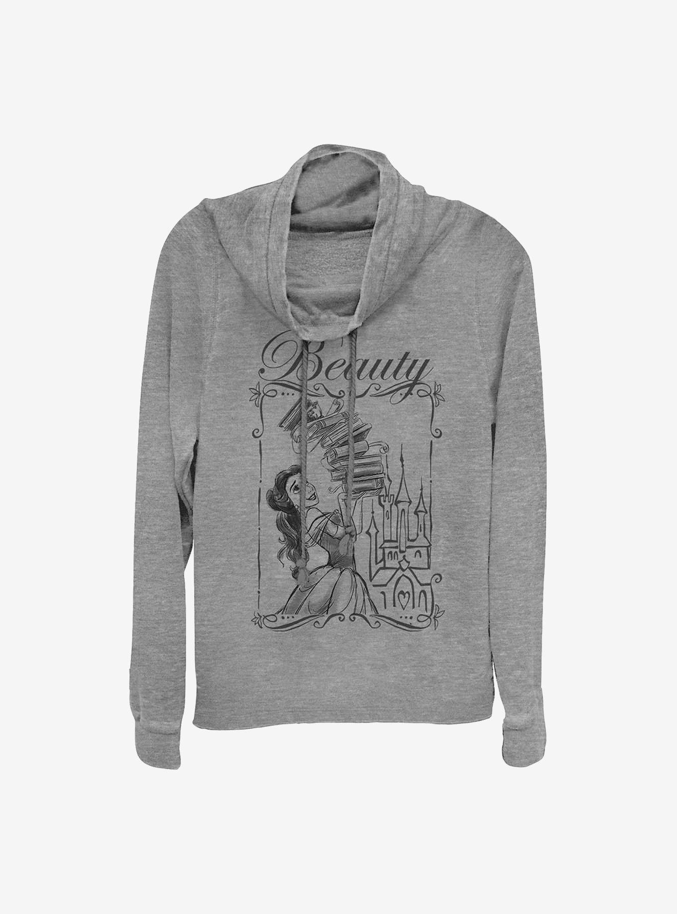 Disney Beauty And The Beast Books Cowlneck Long-Sleeve Girls Top, GRAY HTR, hi-res