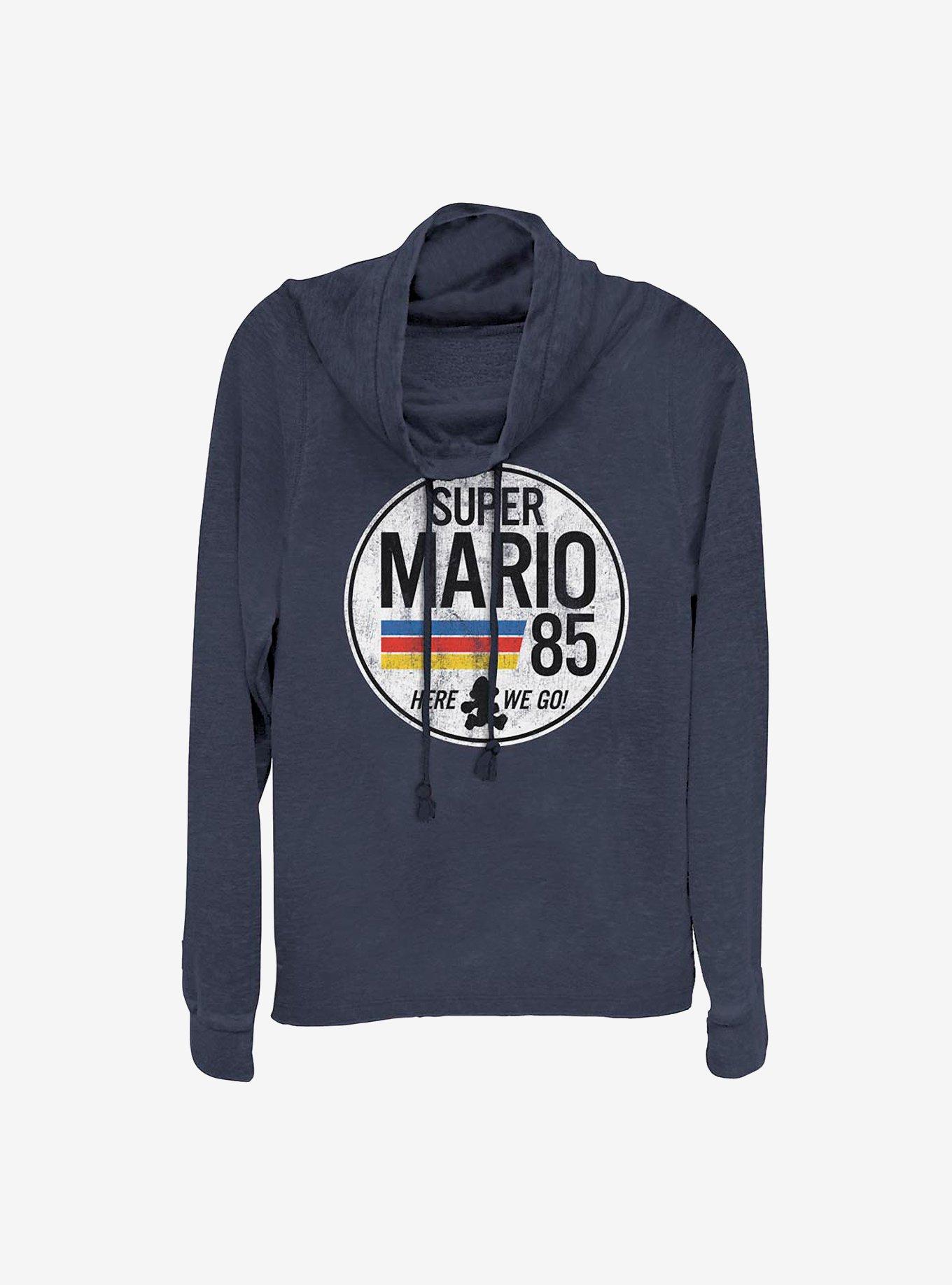 Super Mario Here We Go! Cowlneck Long-Sleeve Girls Top, NAVY, hi-res