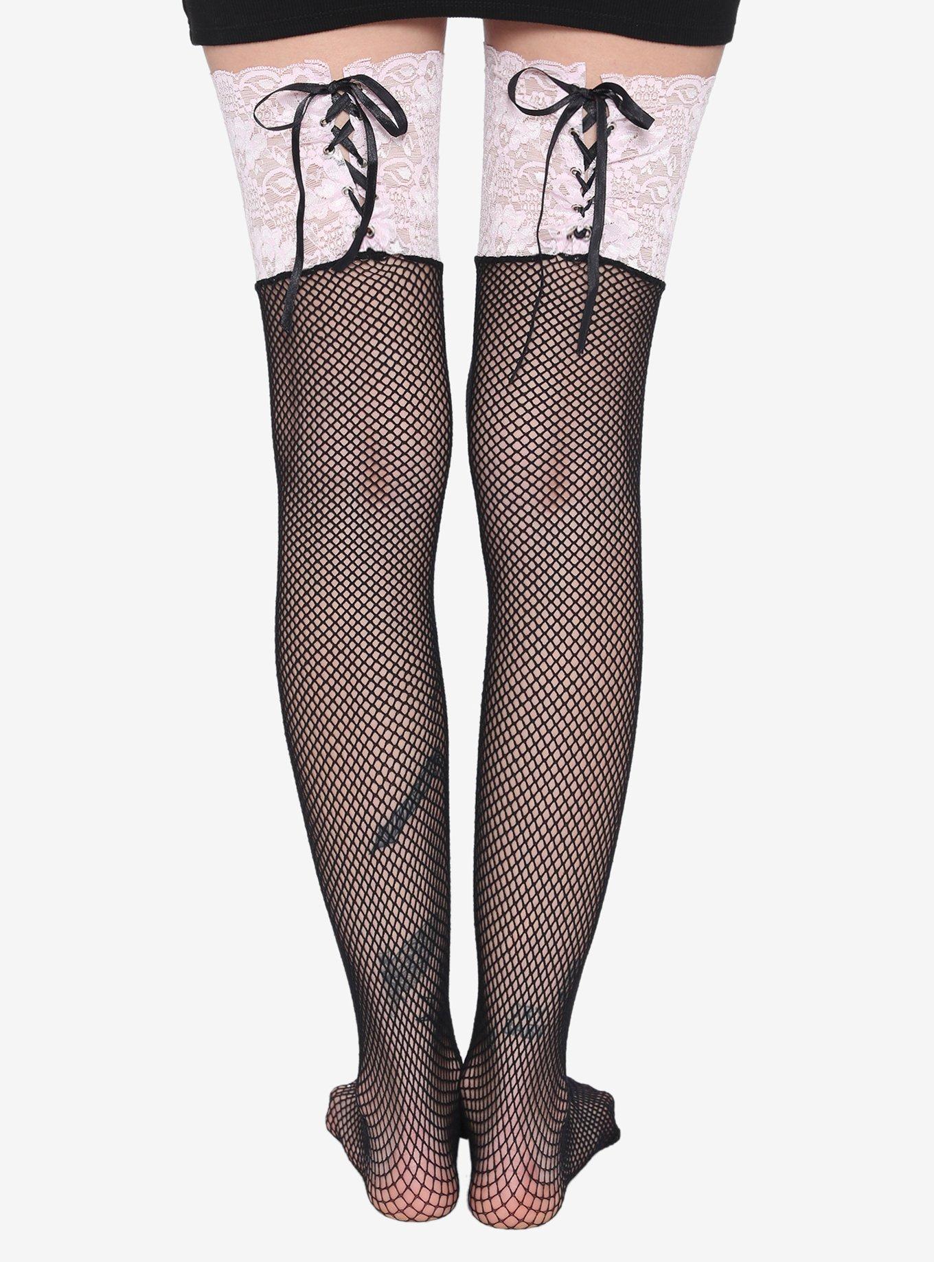 Black & Pink Lace Fishnet Thigh Highs, , hi-res