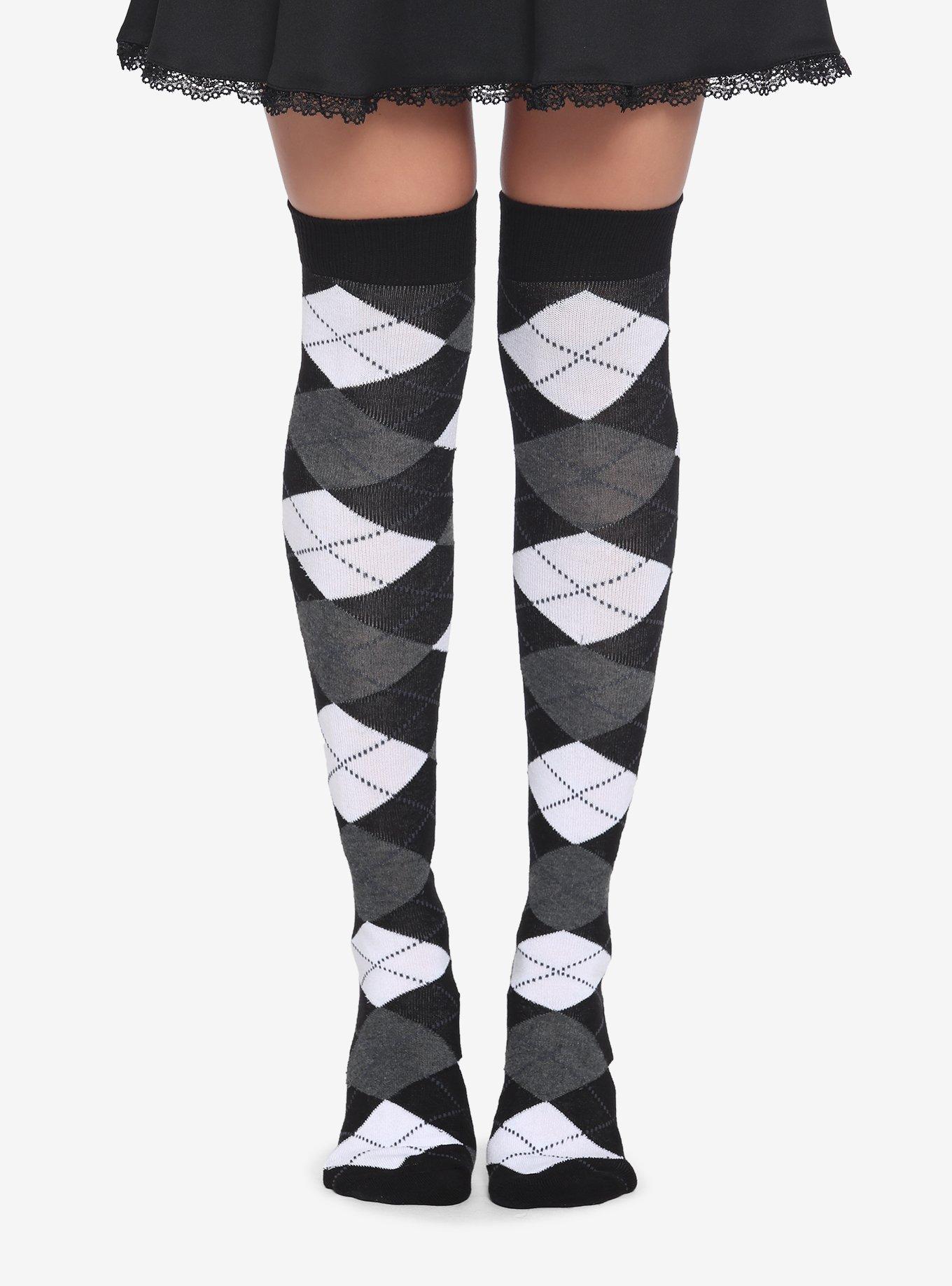 Black White & Grey Argyle Over-The-Knee Socks | Hot Topic