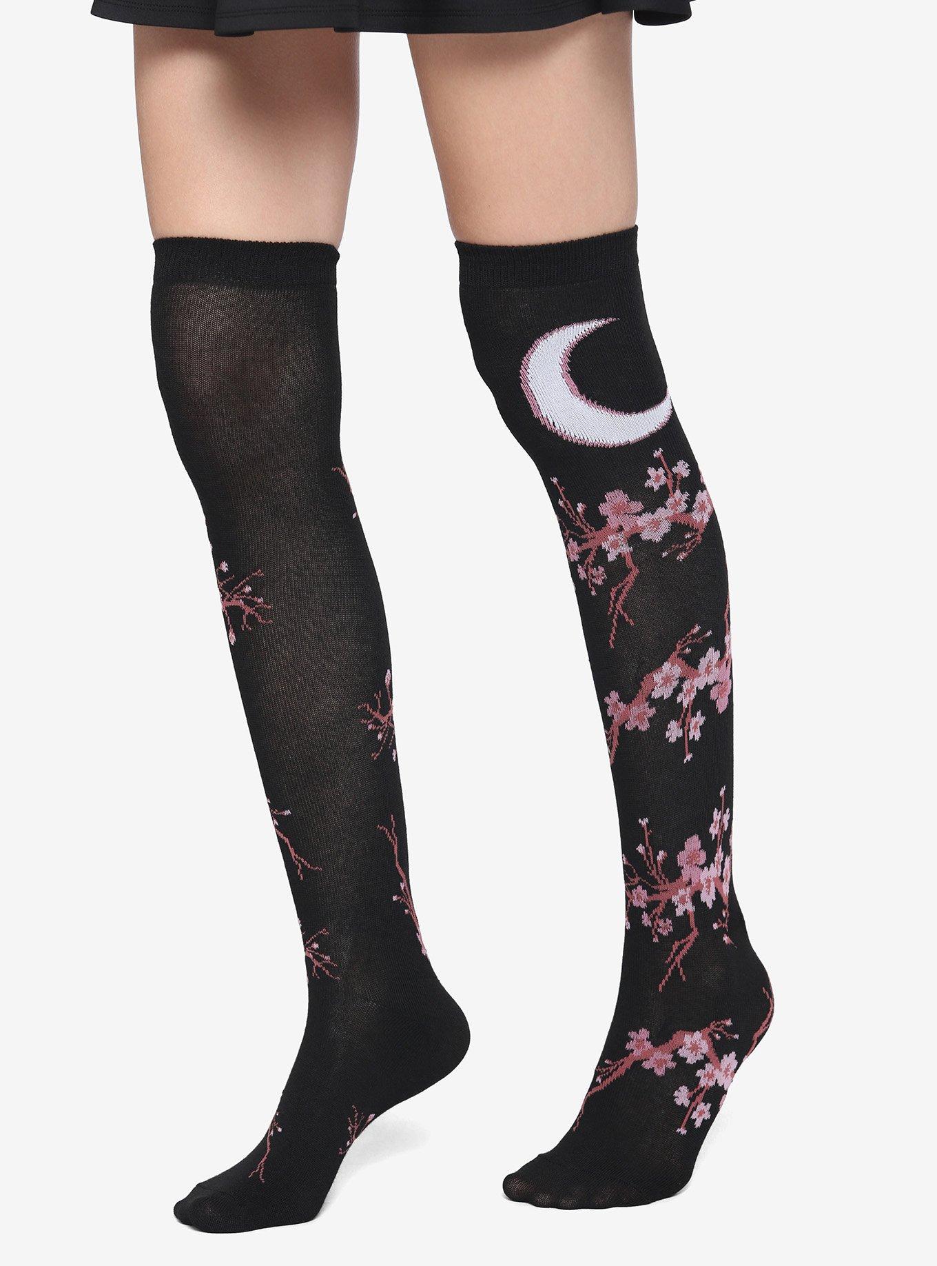 Moon Cherry Blossom Black Knee-High Socks, , hi-res