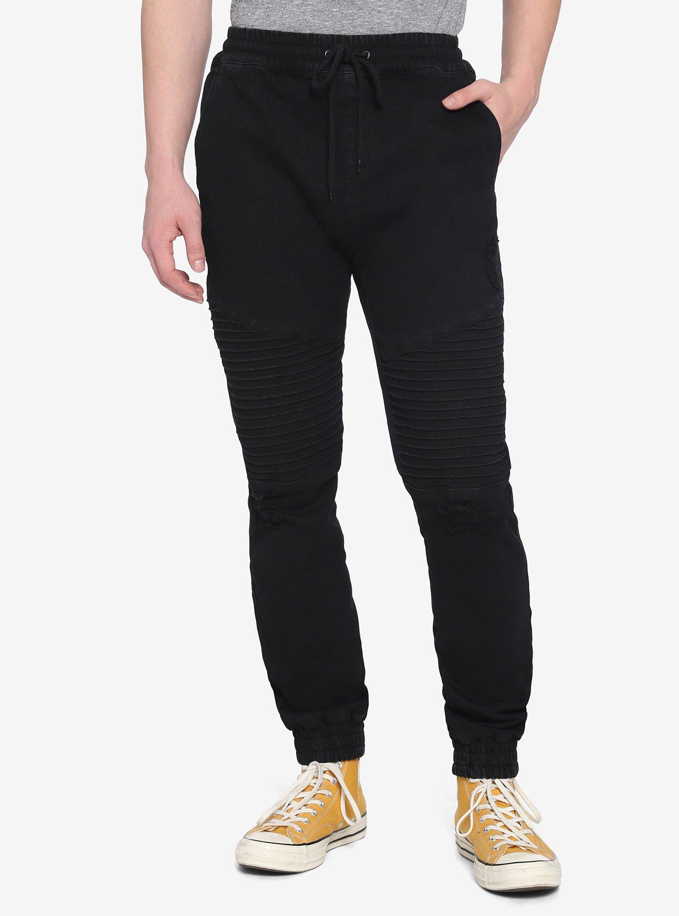 Black Denim Moto Jogger Pants, BLACK, hi-res