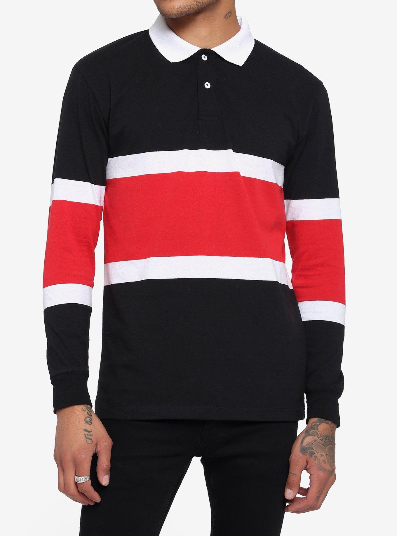 red and white striped long sleeve polo shirt