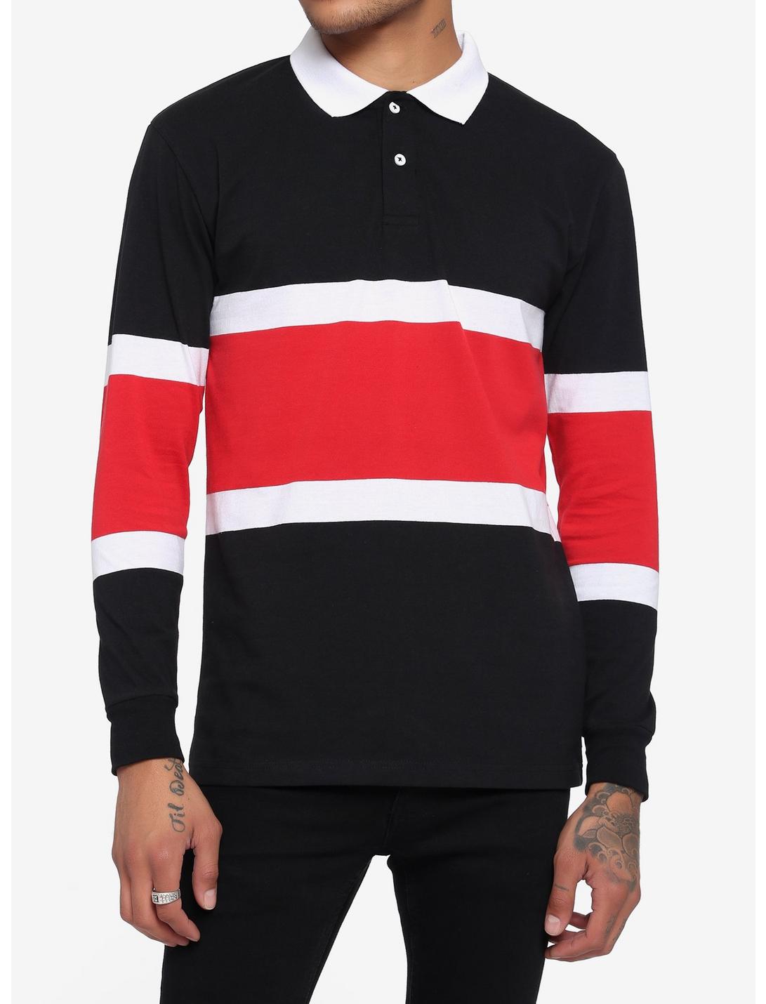Red White & Black Stripe Long-Sleeve Polo Shirt, BLACK  RED, hi-res