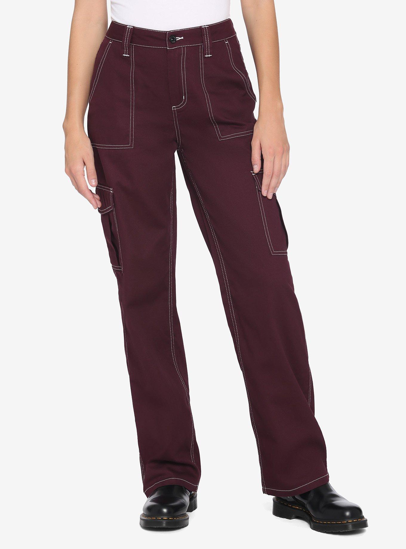 Burgundy & White Stitch Hi-Rise Carpenter Pants, , hi-res