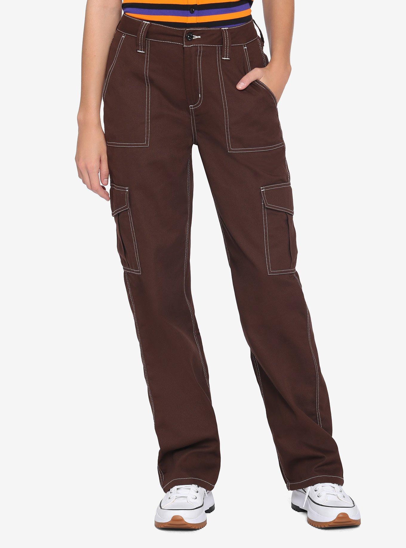 Brown & White Stitch Hi-Rise Carpenter Pants, BROWN, hi-res