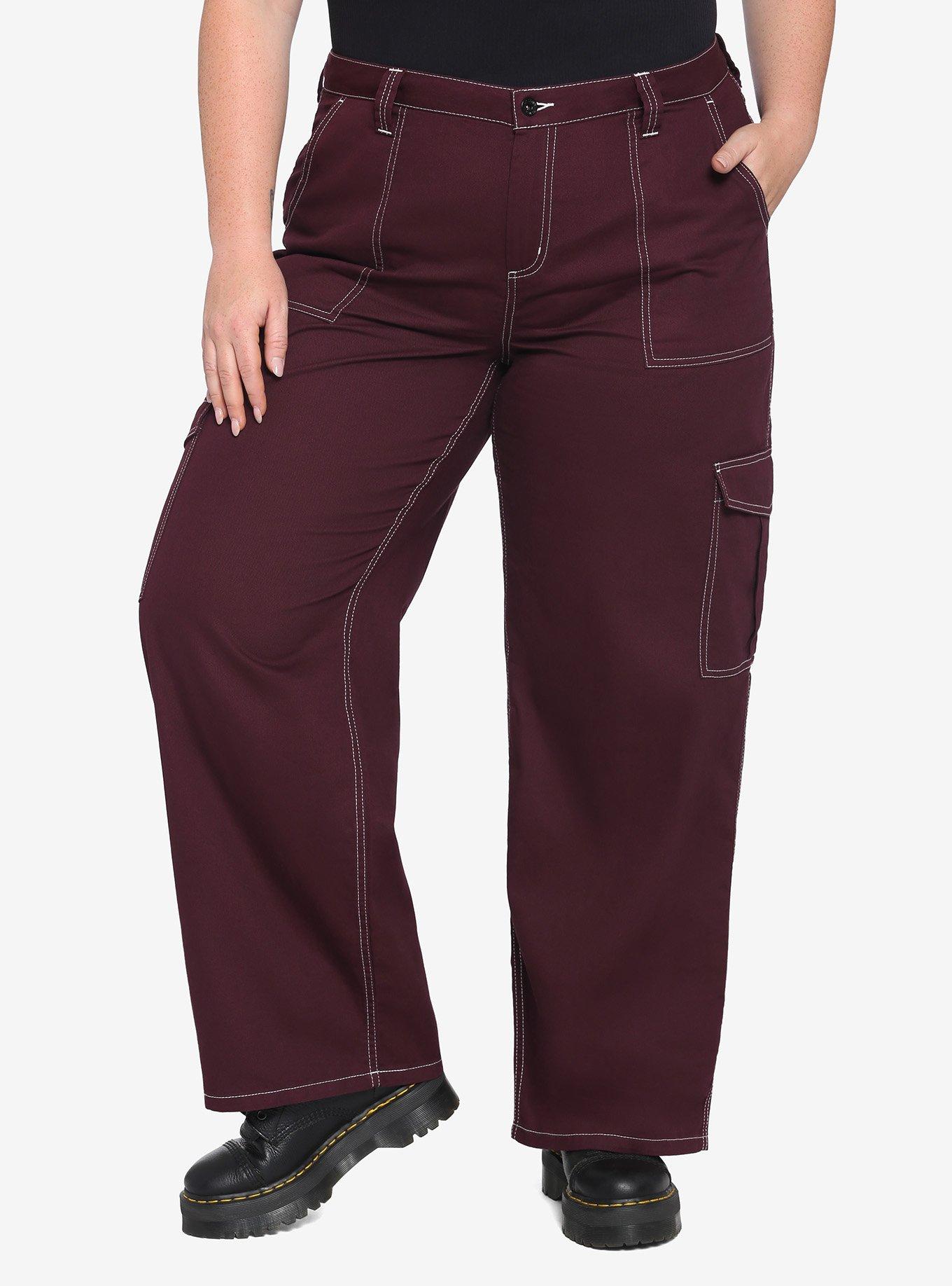 Burgundy & White Stitch Hi-Rise Carpenter Pants Plus Size, MERLOT, hi-res