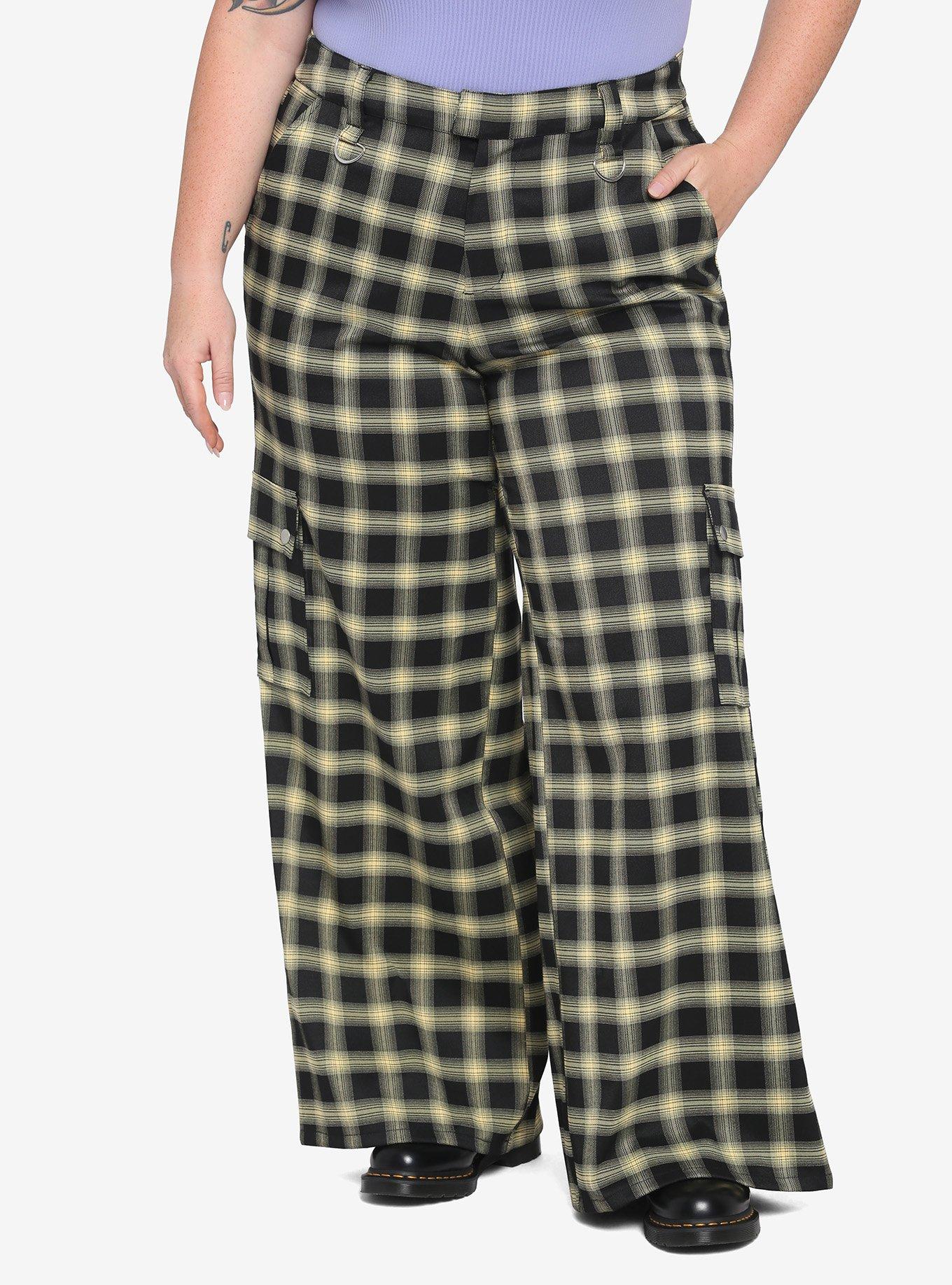 Yellow & Black Plaid Wide-Leg Cargo Pants Plus Size, PLAID, hi-res