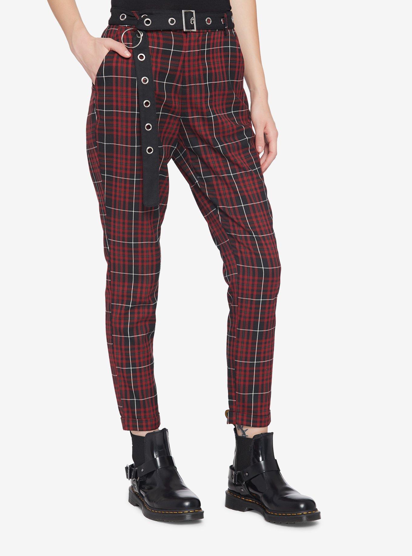 Merlot Plaid Grommet Belt Pants