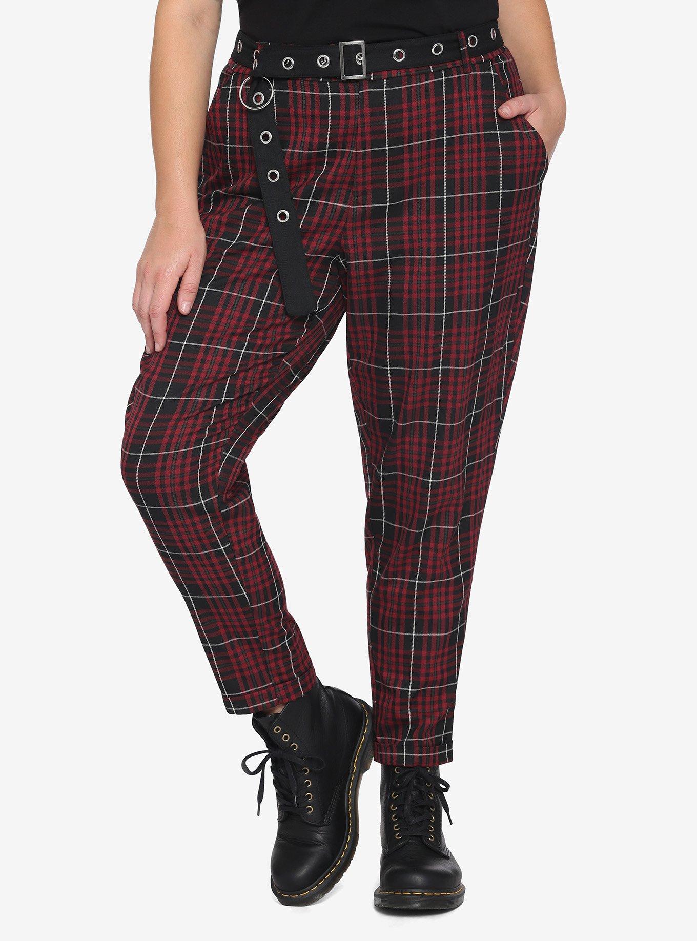 Merlot Plaid Grommet Belt Pants Plus Size, MERLOT, hi-res