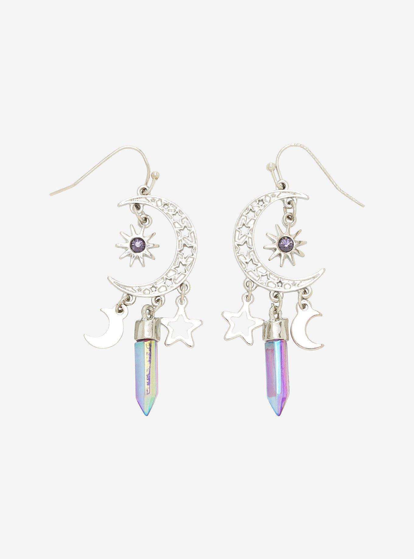 Celestial Crescent Moon Crystal Drop Earrings