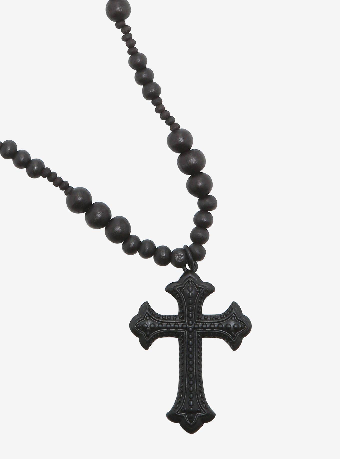 Black Beaded Rosary Necklace, , hi-res