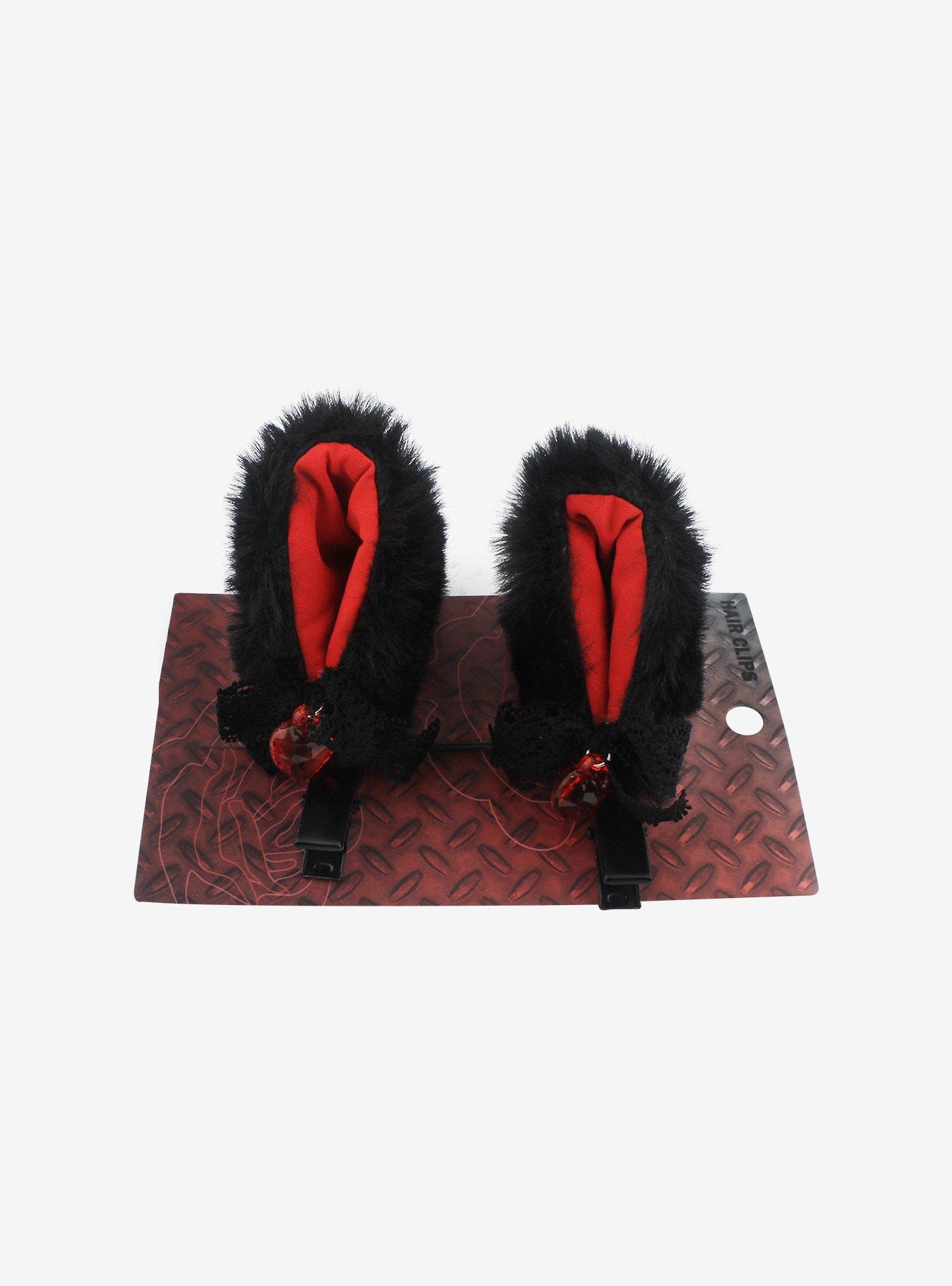 Black & Red Cat Ear Heart Hair Clips, , hi-res